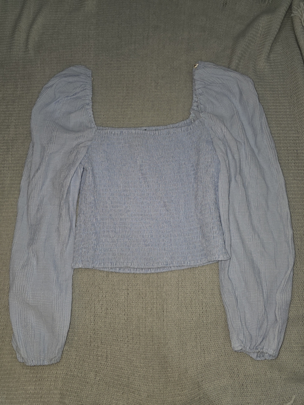 Forever 21 Light Blue Smocked Square Neck Puff Sleeve Blouse-Large